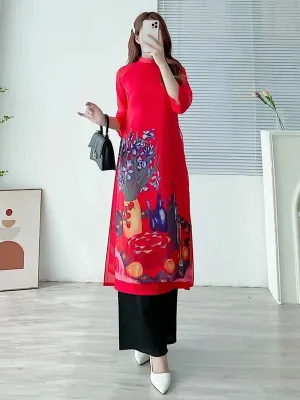 Ao Dai Vietnam Red Ngu Qua Chiffon Includes One Ao Dai Top And Pants