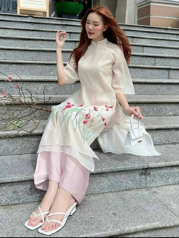 Ao Dai Vietnam Shifted Cream Chiffon Ao Dai Top And Pants