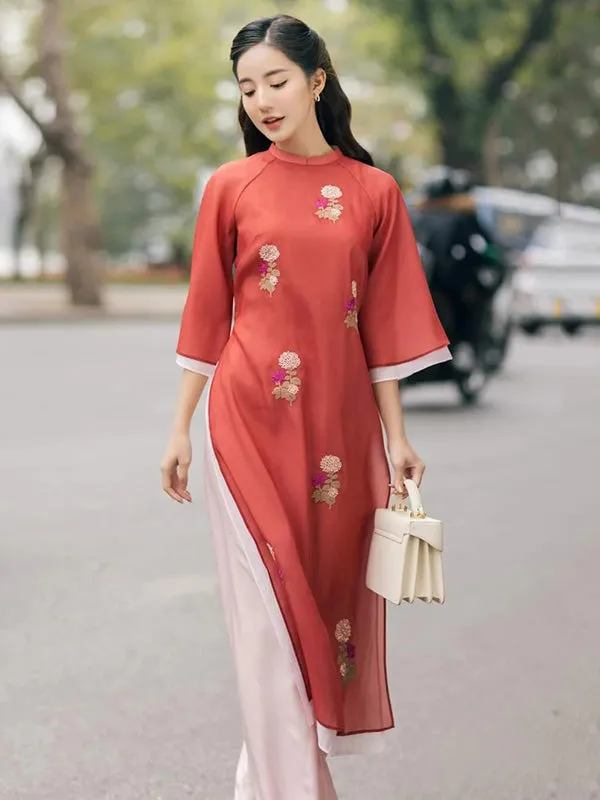 Ao Dai Vietnam Shifted Orange Red Double Sleeve Chiffon Include Ao Dai Top And Pants