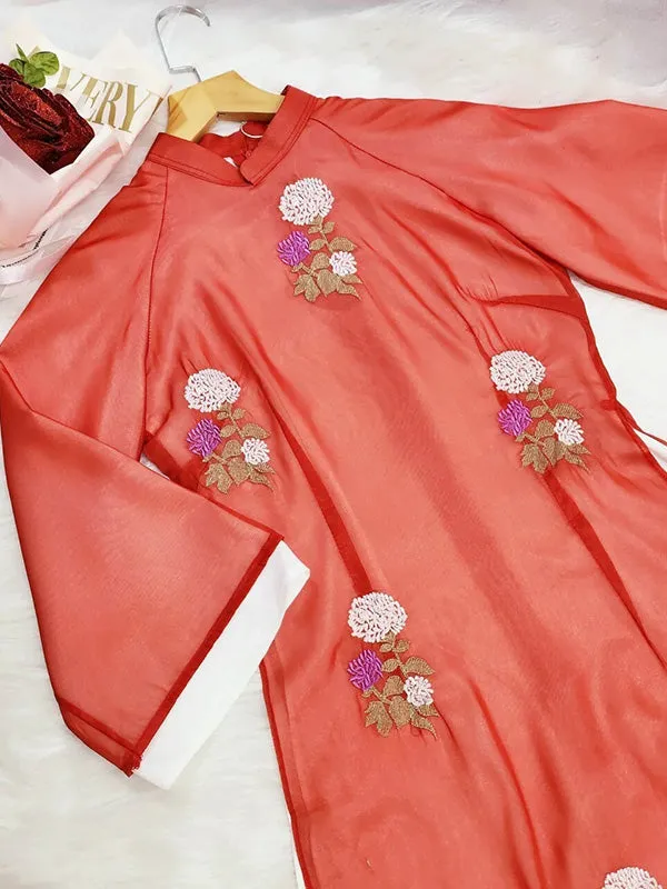 Ao Dai Vietnam Shifted Orange Red Double Sleeve Chiffon Include Ao Dai Top And Pants