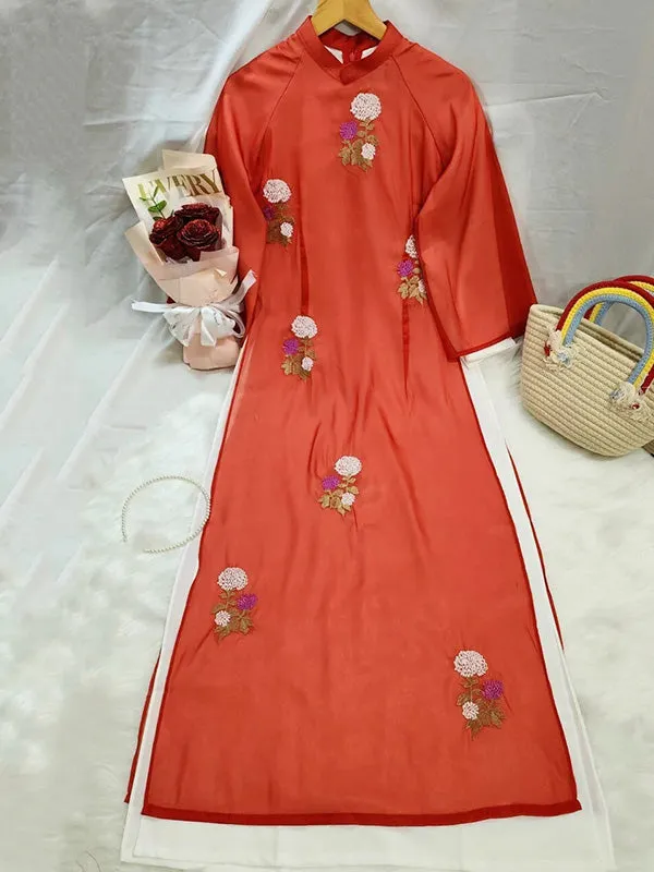 Ao Dai Vietnam Shifted Orange Red Double Sleeve Chiffon Include Ao Dai Top And Pants