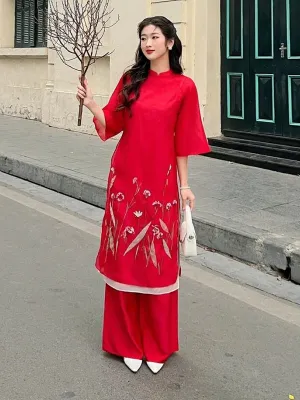 Ao Dai Vietnam Shifted Red Chiffon Ao Dai Top And White Pants