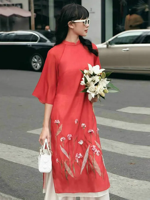 Ao Dai Vietnam Shifted Red Chiffon Ao Dai Top And White Pants