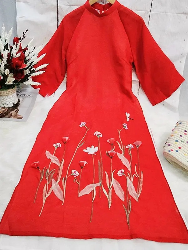 Ao Dai Vietnam Shifted Red Chiffon Ao Dai Top And White Pants