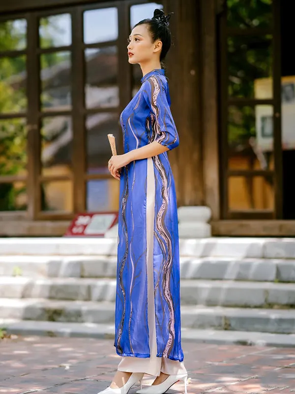 Ao Dai Vietnam Vien Collection - Water Element Ao Dai Top And Pants