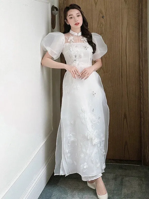 Ao Dai Vietnam White Puffy Sleeve Sparkle Includes One Ao Dai Top And Pants