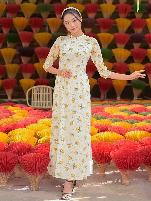 Ao Dai Vietnam Yellow Mini Flowers Includes One Ao Dai Top And Pants