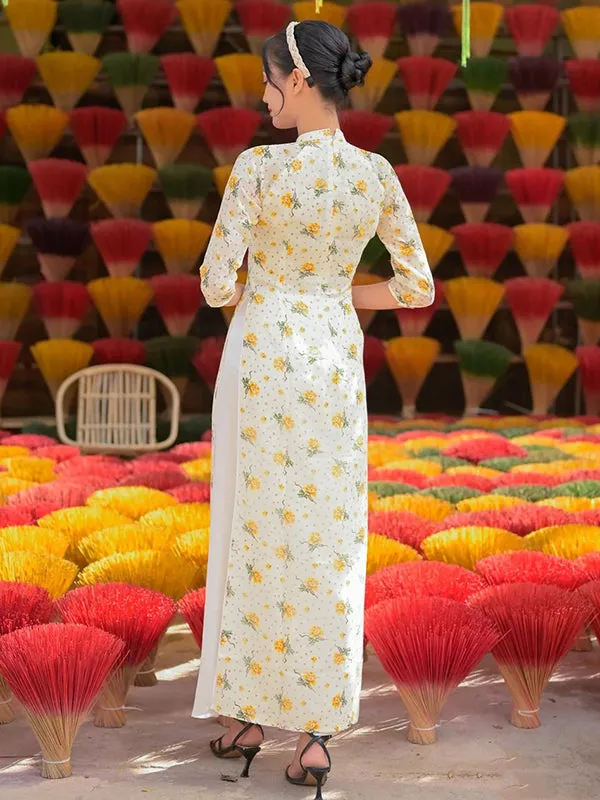 Ao Dai Vietnam Yellow Mini Flowers Includes One Ao Dai Top And Pants