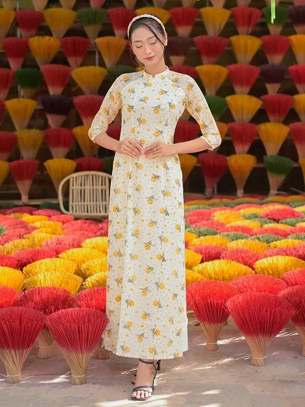 Ao Dai Vietnam Yellow Mini Flowers Includes One Ao Dai Top And Pants