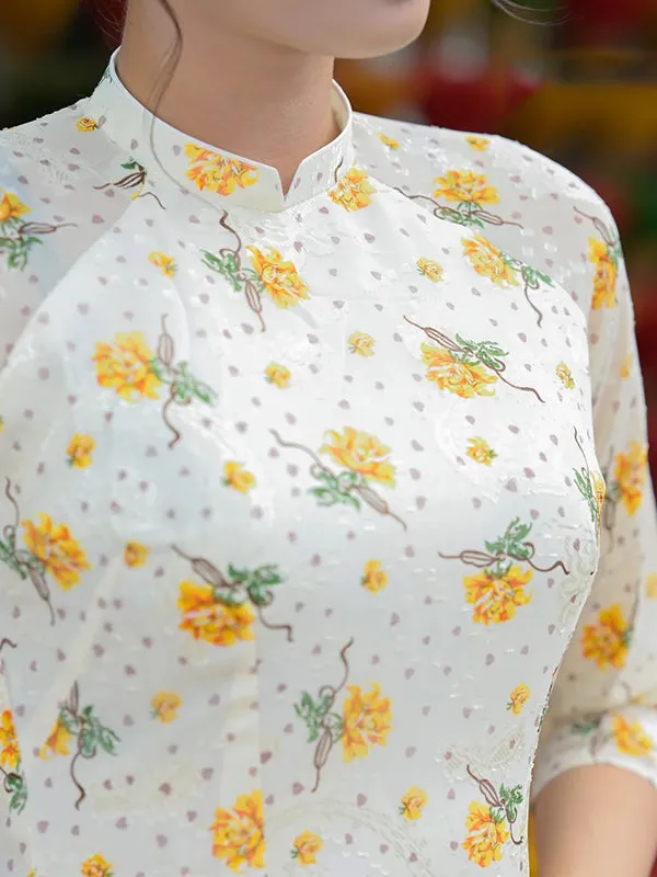 Ao Dai Vietnam Yellow Mini Flowers Includes One Ao Dai Top And Pants