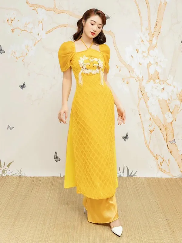 Ao Dai Vietnam Yellow Sparkle Feather Puffy Sleeves Include Ao Dai Top And Pants