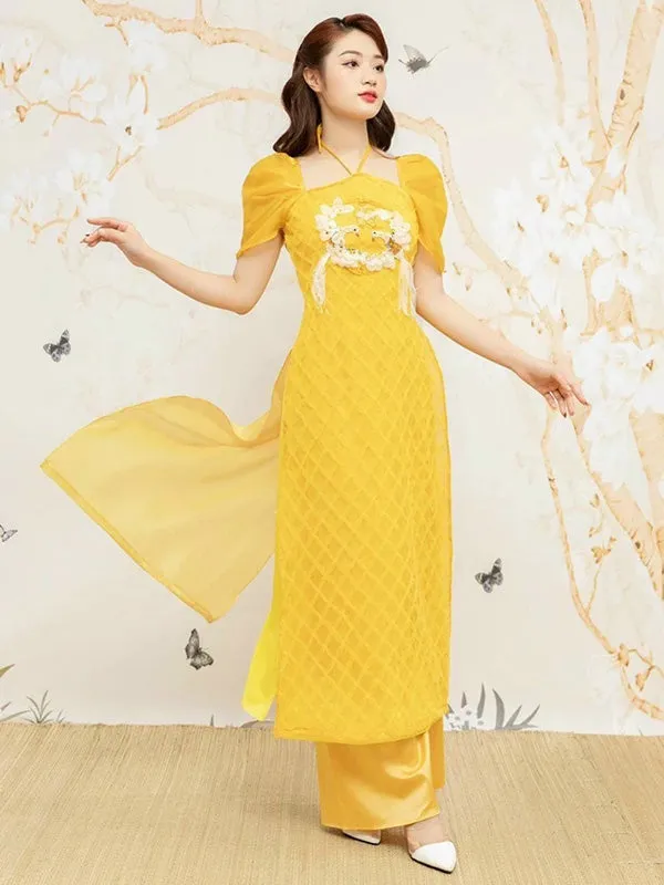 Ao Dai Vietnam Yellow Sparkle Feather Puffy Sleeves Include Ao Dai Top And Pants