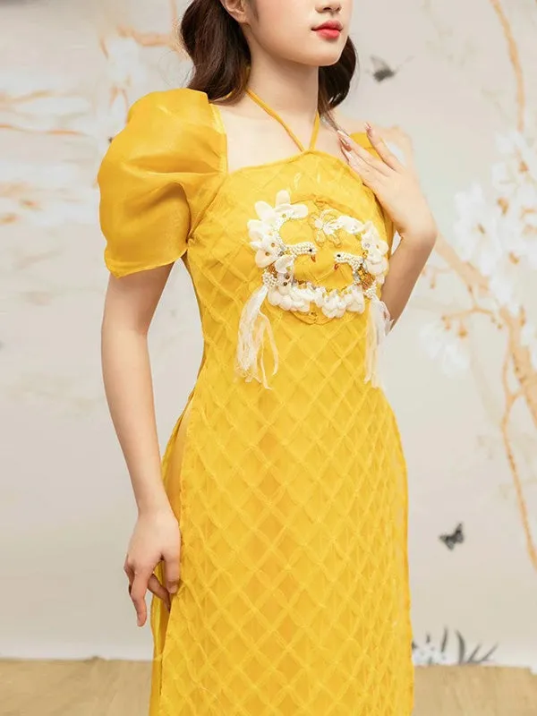 Ao Dai Vietnam Yellow Sparkle Feather Puffy Sleeves Include Ao Dai Top And Pants