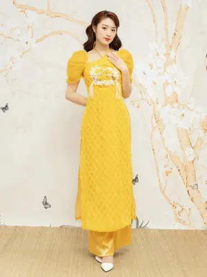 Ao Dai Vietnam Yellow Sparkle Feather Puffy Sleeves Include Ao Dai Top And Pants