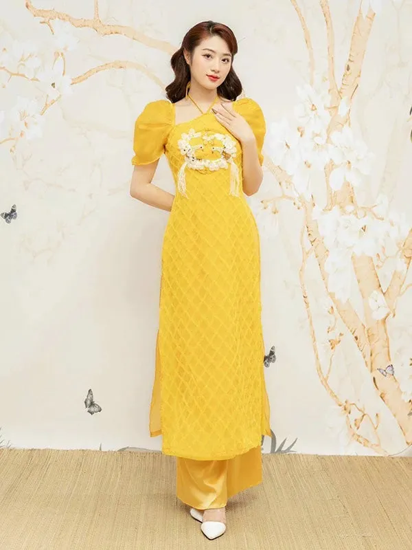 Ao Dai Vietnam Yellow Sparkle Feather Puffy Sleeves Include Ao Dai Top And Pants