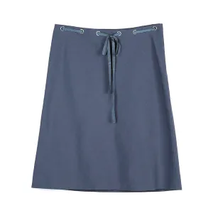 B452 Women cotton chambray waist tie bias cut A-line casual short skirt