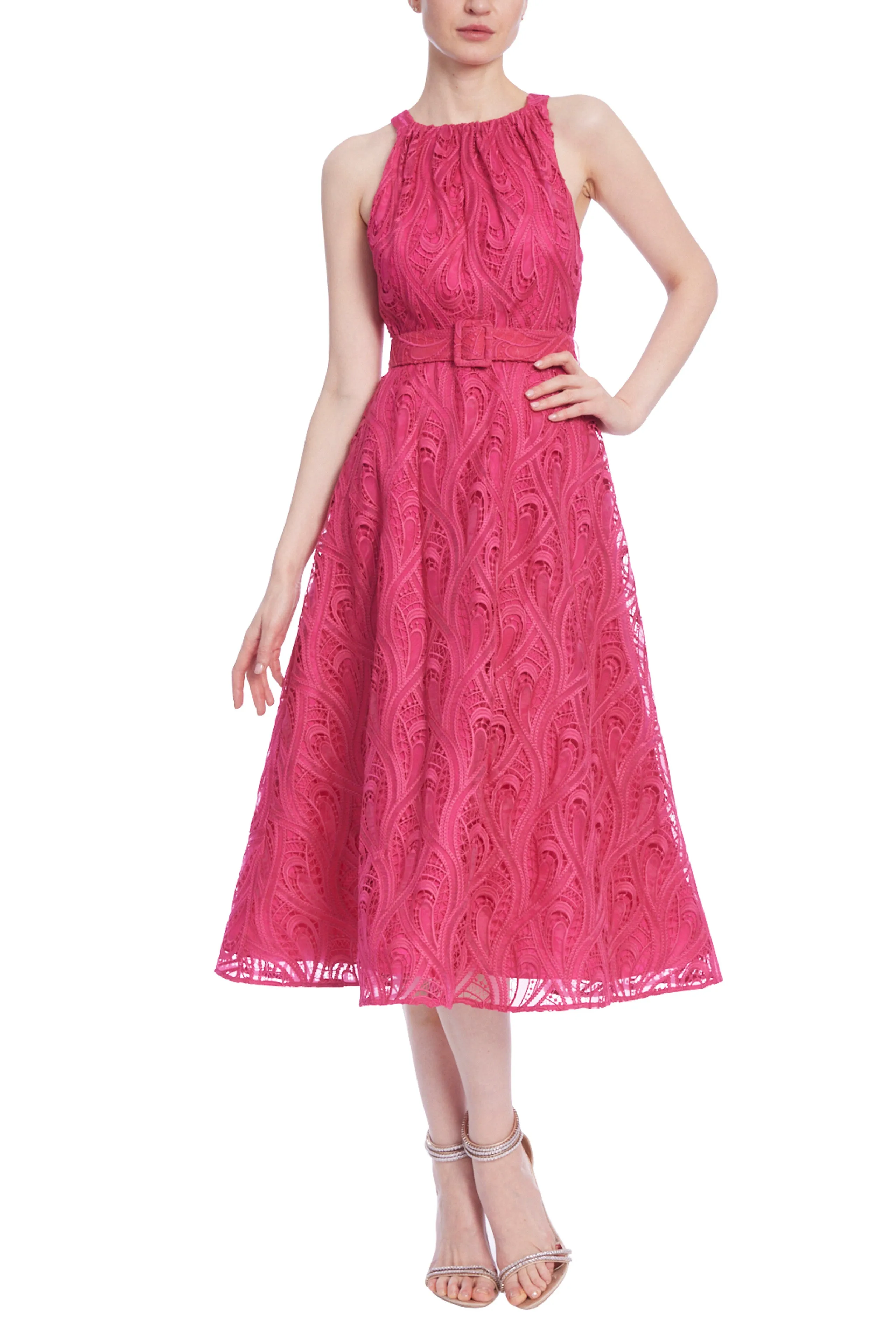 Badgley Mischka Paisley Lace Halter Midi Dress with Belt