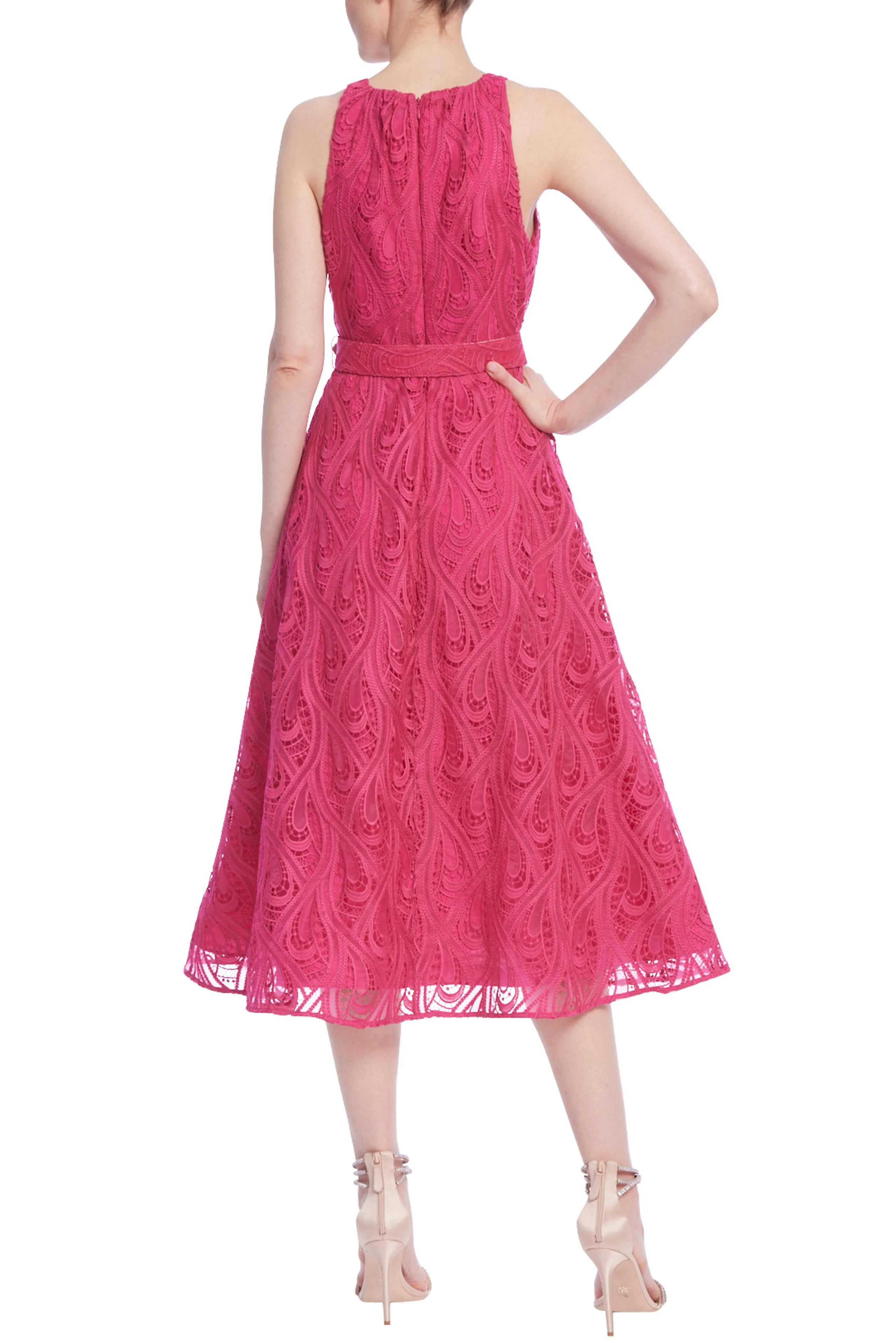 Badgley Mischka Paisley Lace Halter Midi Dress with Belt