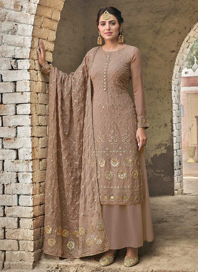 Beige Golden Embroidered Palazzo Suit