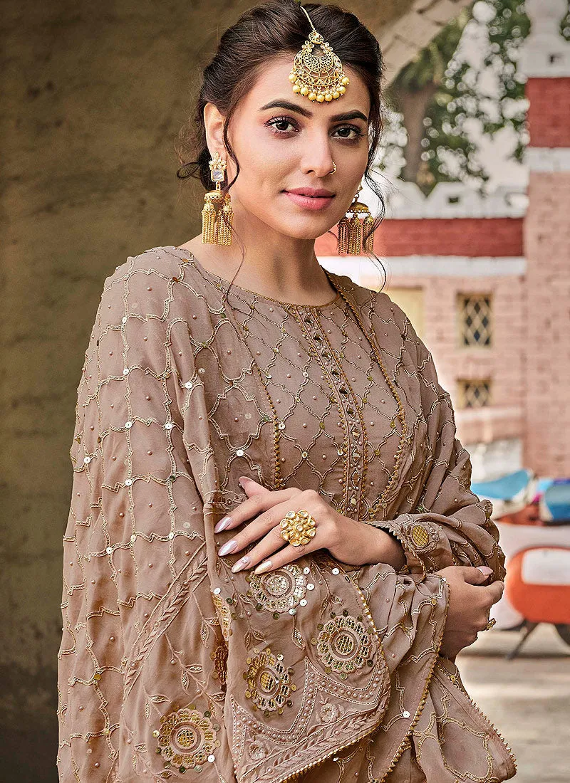 Beige Golden Embroidered Palazzo Suit