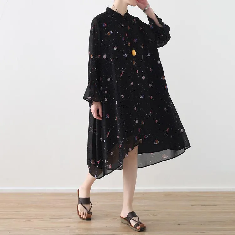 Black Chiffon Loose Floral Dress