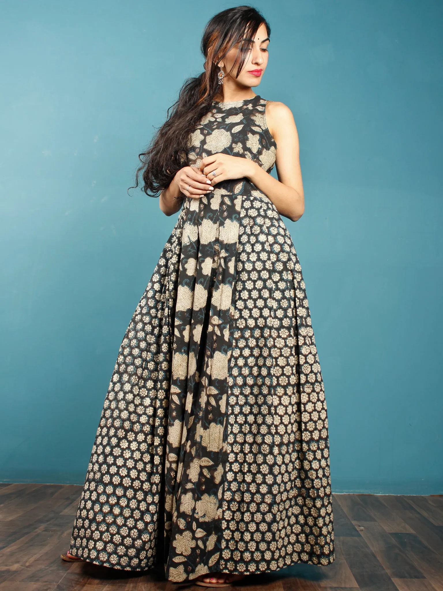 Black Indigo Beige Hand Block Printed Cotton Long Dress With Box And Knife Pleats  - D256F1360