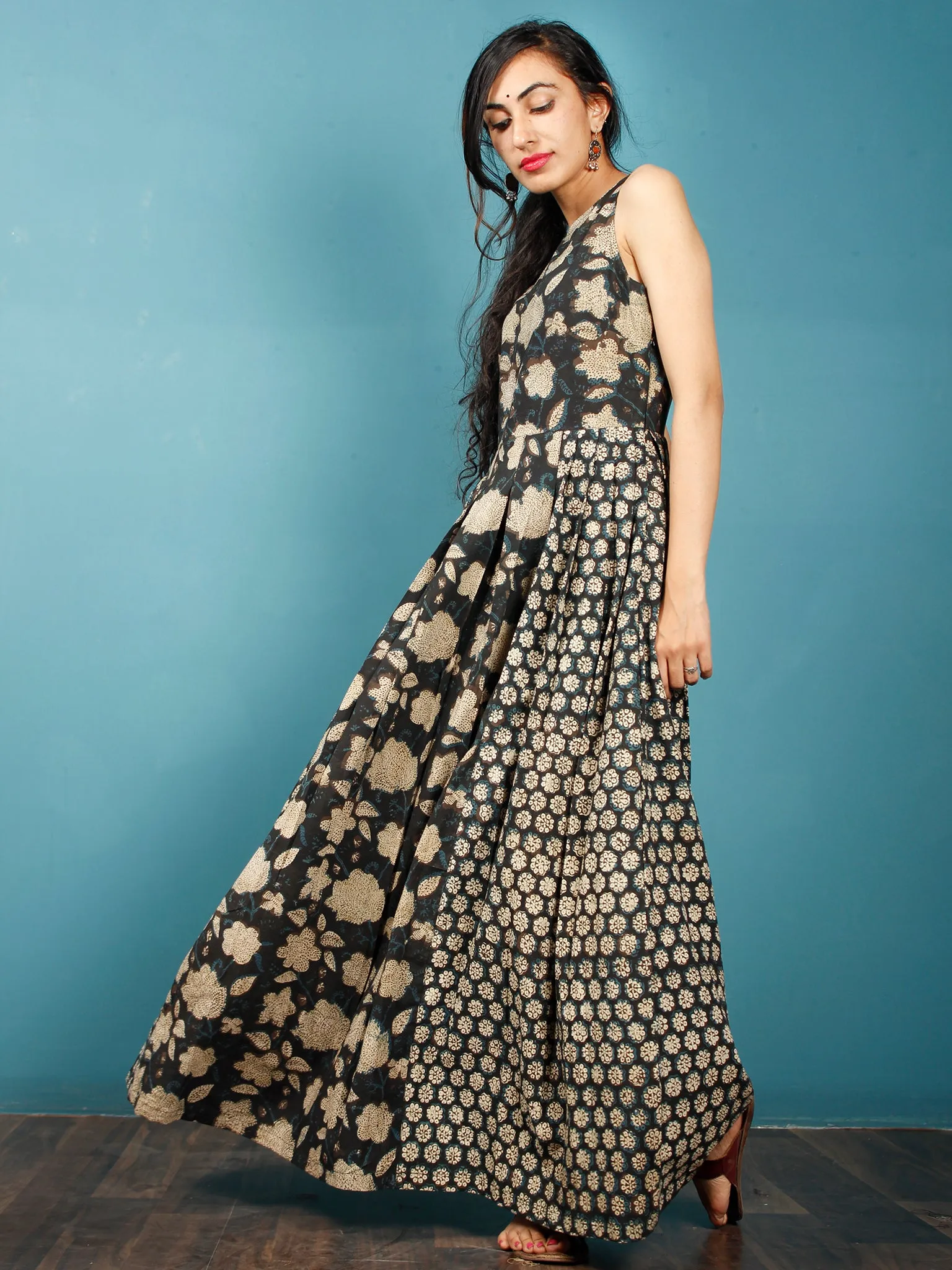 Black Indigo Beige Hand Block Printed Cotton Long Dress With Box And Knife Pleats  - D256F1360