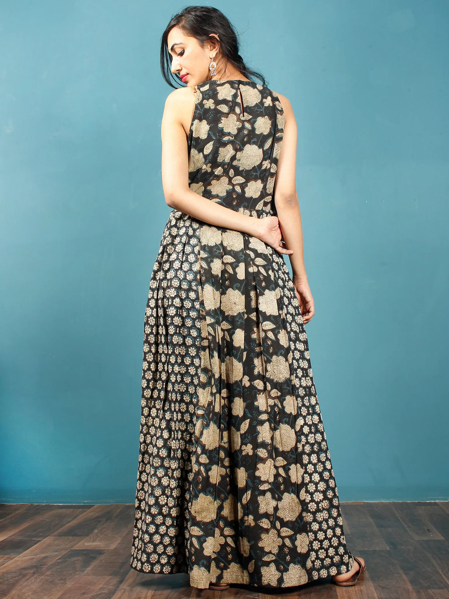 Black Indigo Beige Hand Block Printed Cotton Long Dress With Box And Knife Pleats  - D256F1360