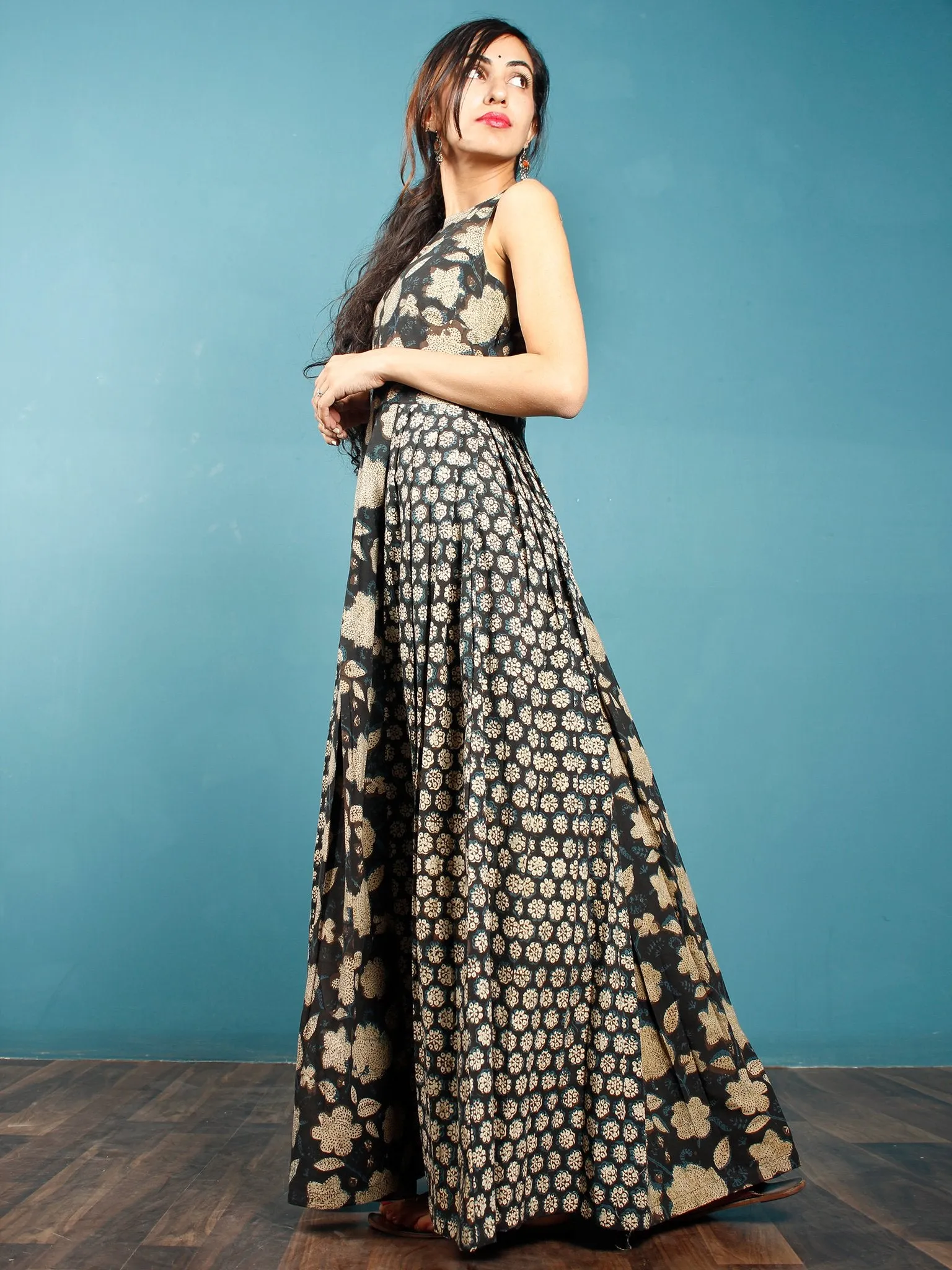 Black Indigo Beige Hand Block Printed Cotton Long Dress With Box And Knife Pleats  - D256F1360