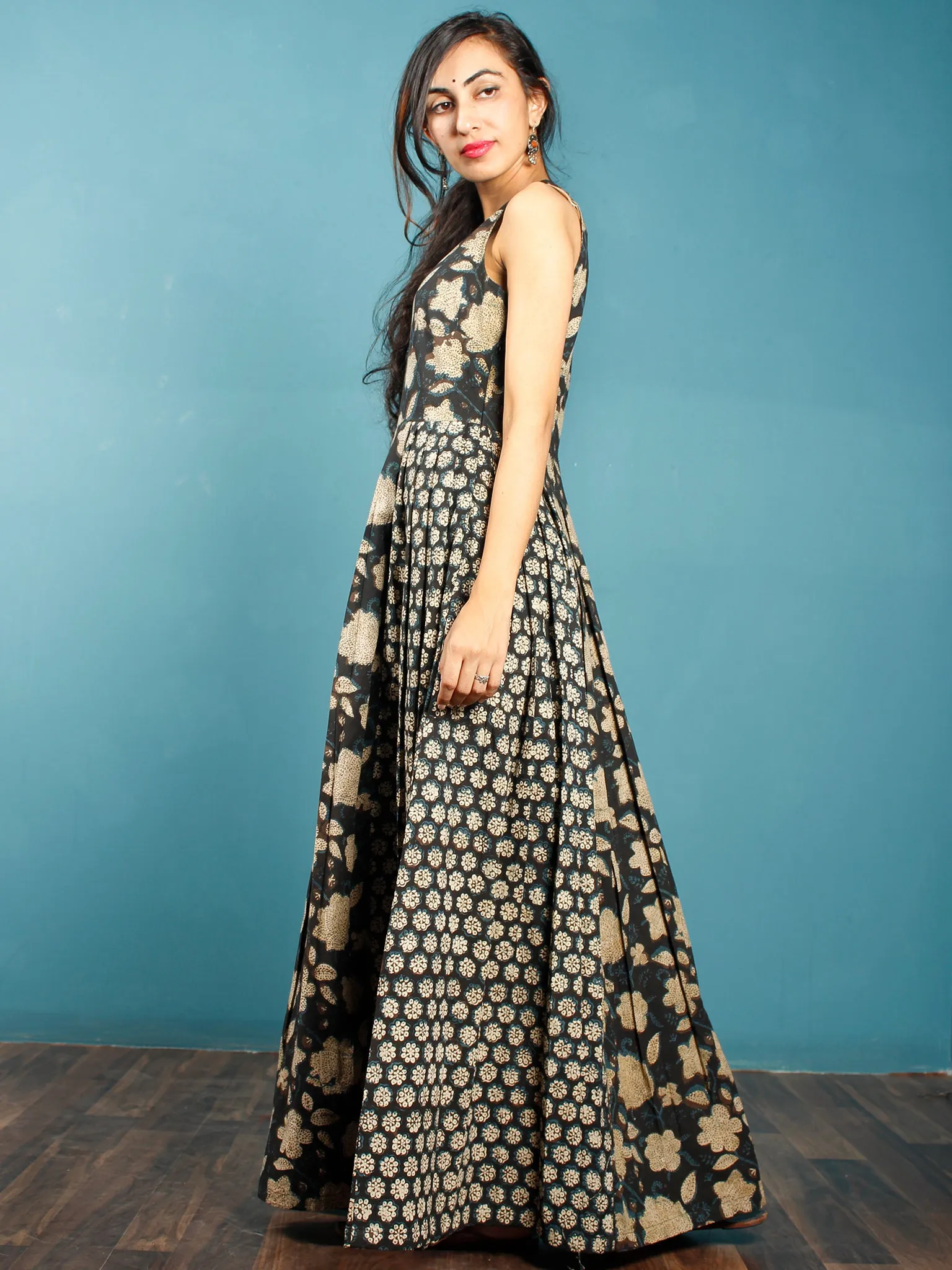 Black Indigo Beige Hand Block Printed Cotton Long Dress With Box And Knife Pleats  - D256F1360