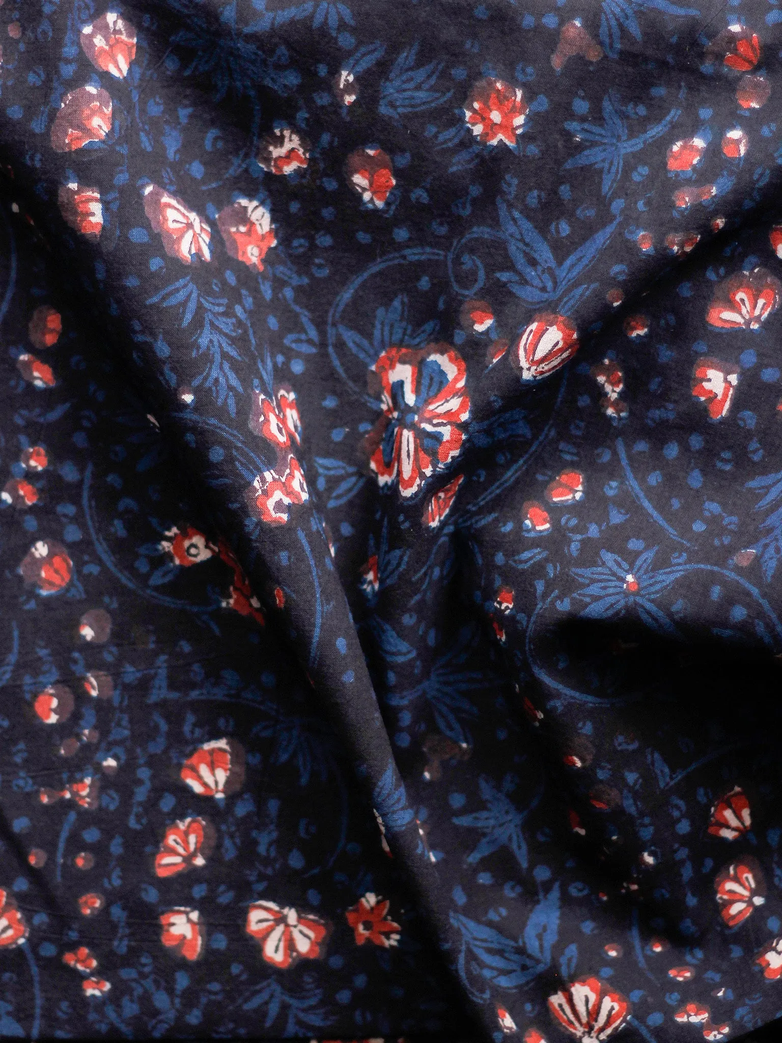 Black Indigo Ivory Red Hand Block Printed Cotton Fabric Per Meter - F001F1819