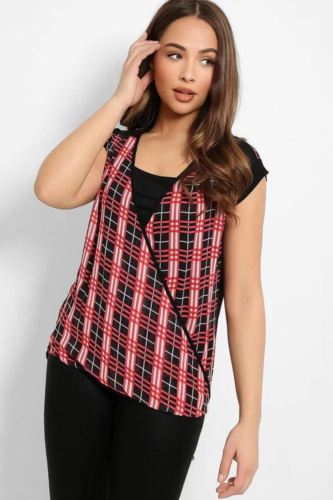 Black Red Wrap Neck Chiffon Top