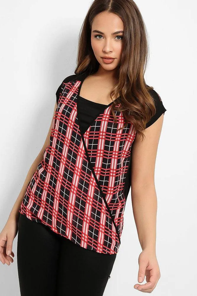 Black Red Wrap Neck Chiffon Top