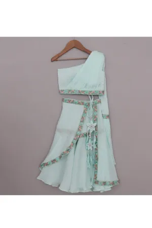 Blue Pleated Top With Attached Dupatta And Sharara With Drape Set