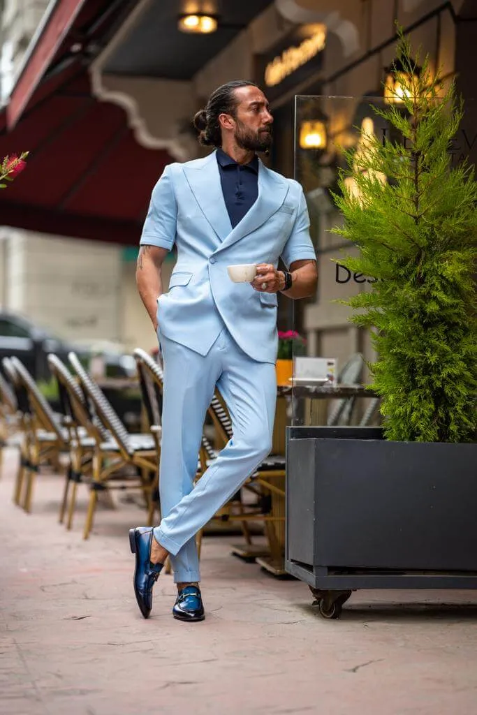 Blue Short Sleeve Summer Casual Suit