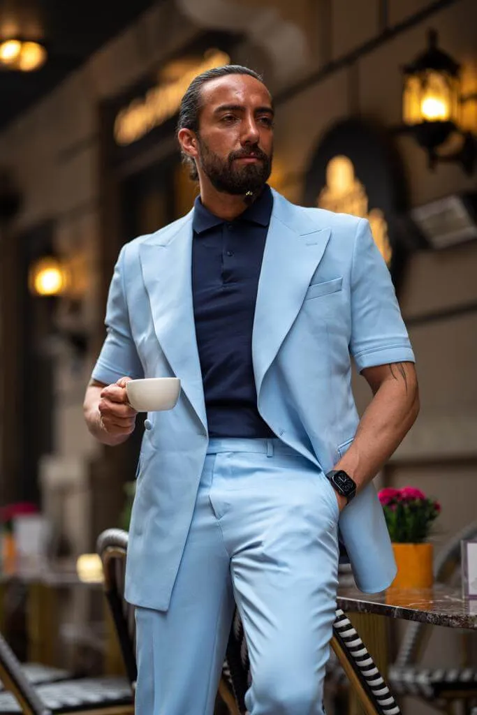 Blue Short Sleeve Summer Casual Suit