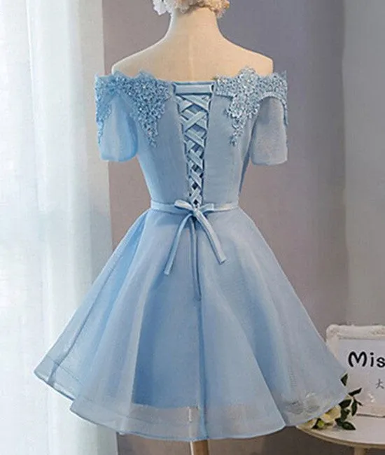 Blue Short Sleeves Lace-up Organza Bow Prom Dresses, Homecoming Dresses