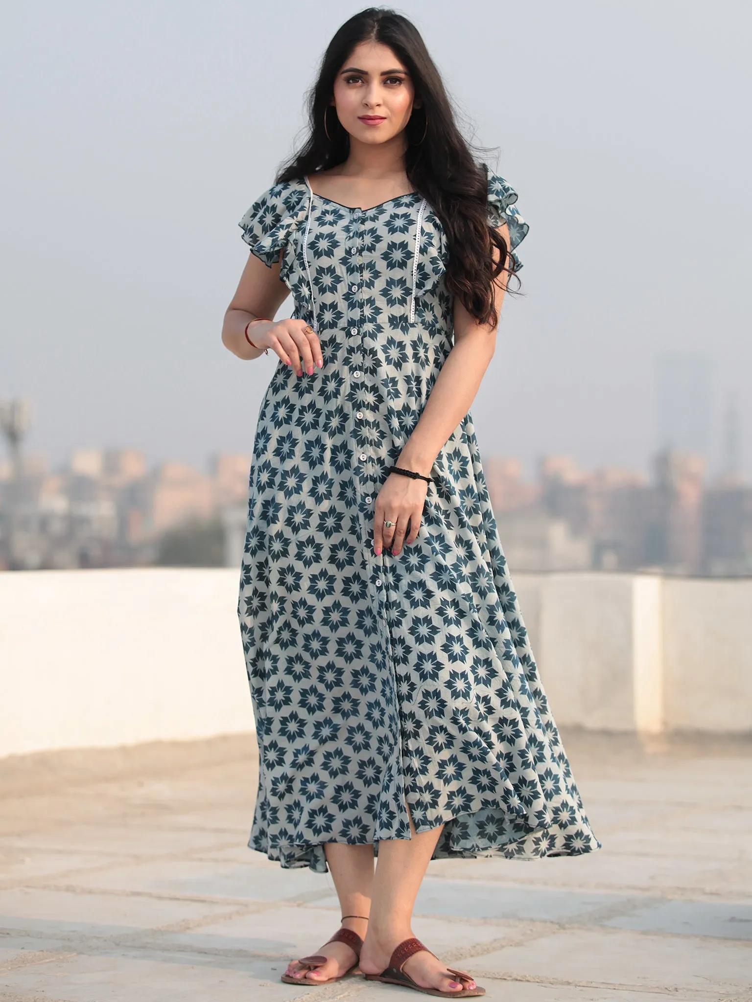 Blue Star - Hand Block Printed Front Open Cotton Dress D462F771