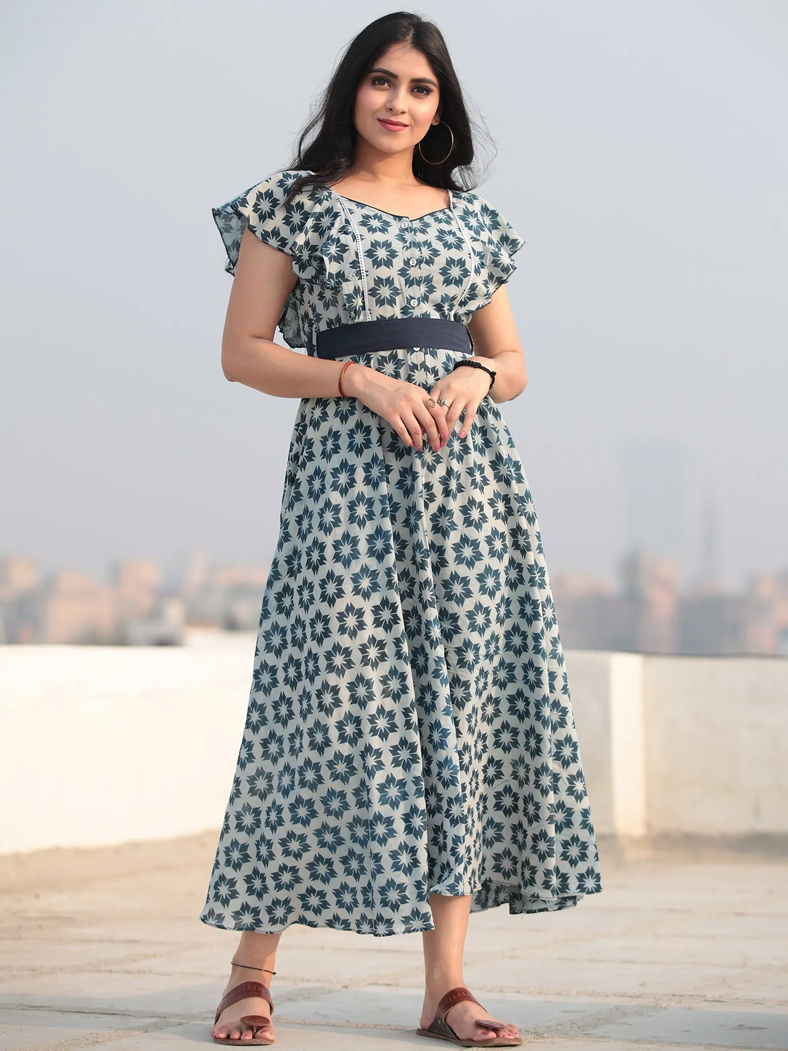 Blue Star - Hand Block Printed Front Open Cotton Dress D462F771