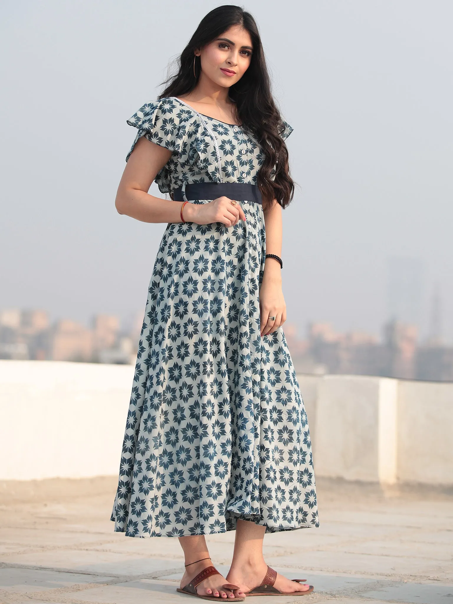 Blue Star - Hand Block Printed Front Open Cotton Dress D462F771