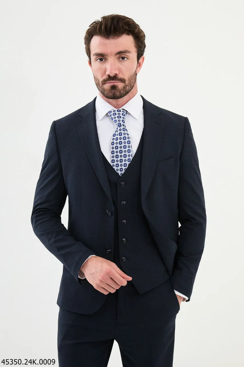 Bojoni Belmonte Navy Blue Plaid Classic Slim Fit Suit