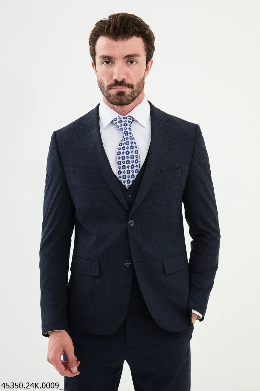 Bojoni Belmonte Navy Blue Plaid Classic Slim Fit Suit