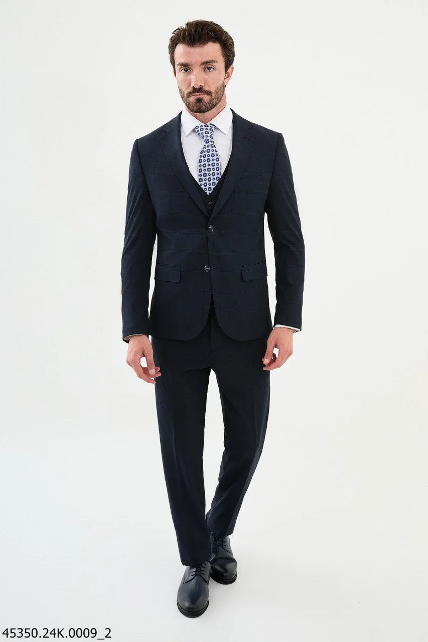 Bojoni Belmonte Navy Blue Plaid Classic Slim Fit Suit