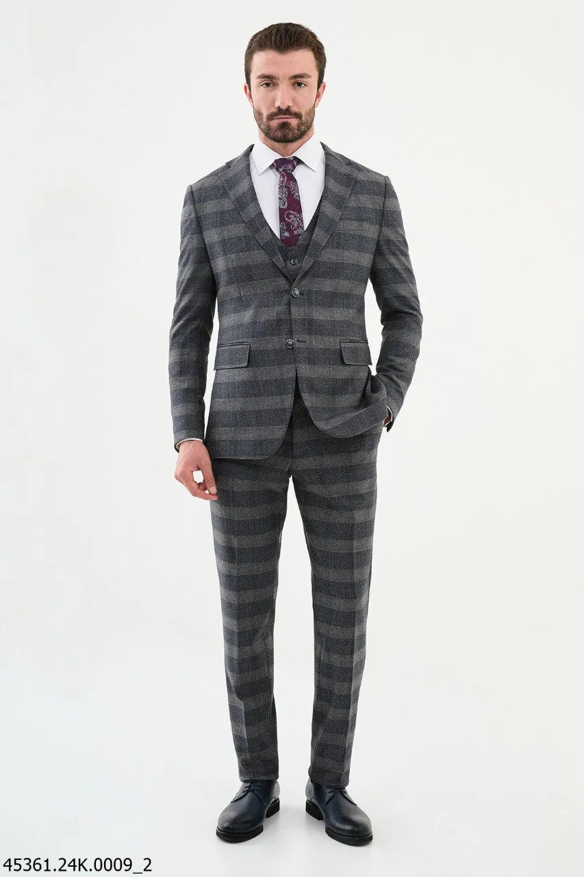 Bojoni Belmonte Navy Blue Plaid Slim Fit Suit