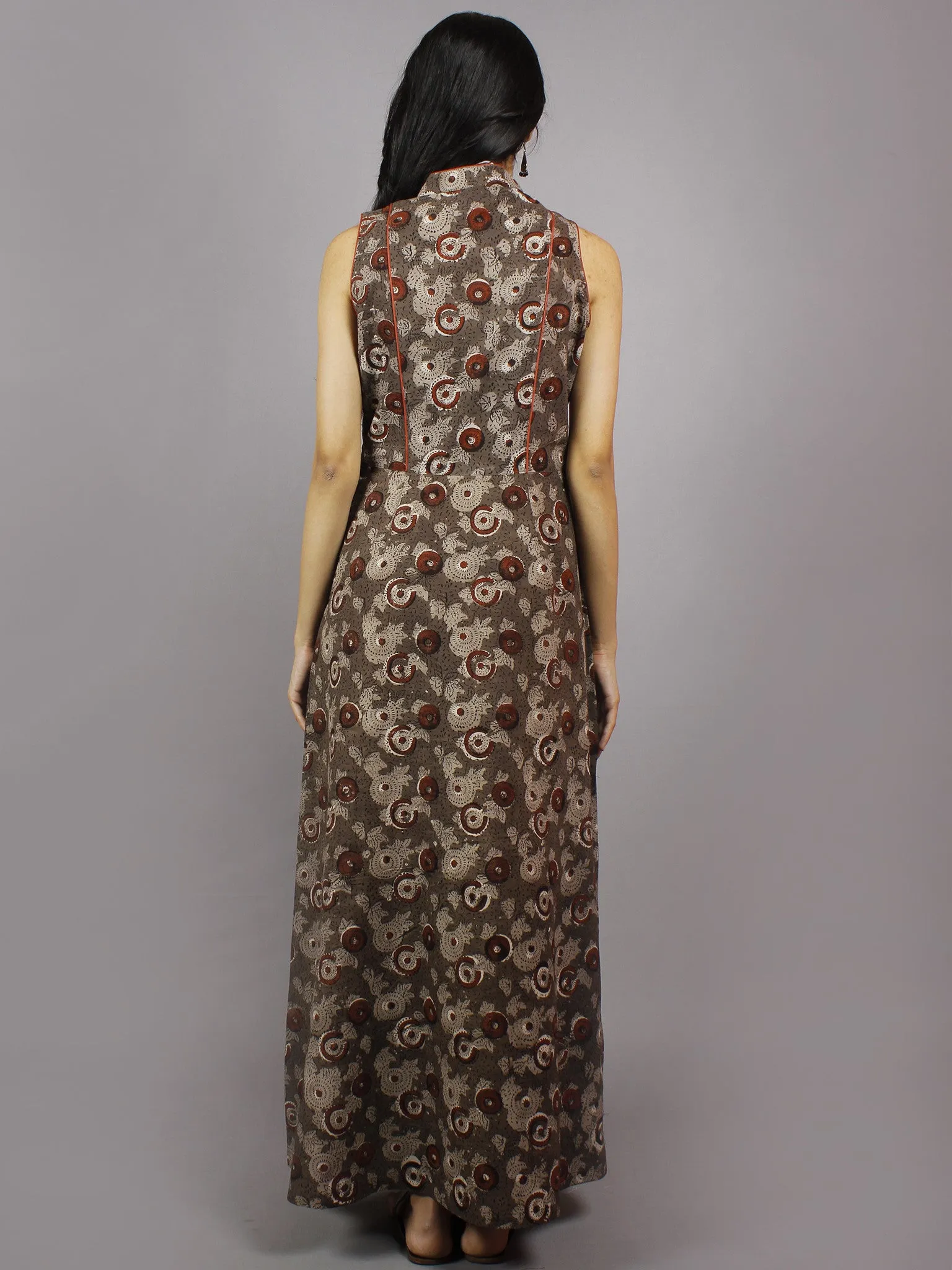 Brown Kashish Rust Hand Block Printed Princess Line Stand Collar Dress - D40F893