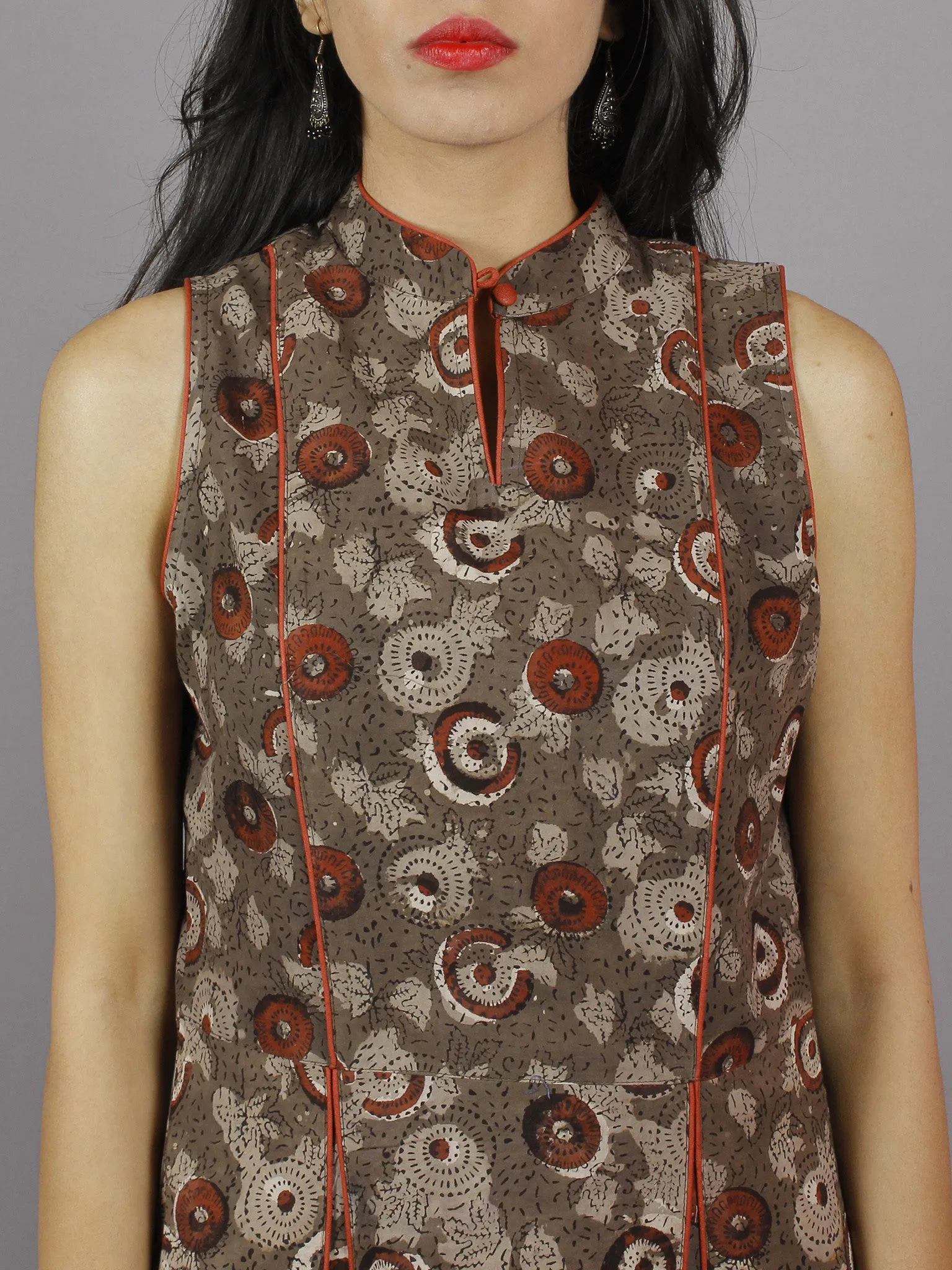 Brown Kashish Rust Hand Block Printed Princess Line Stand Collar Dress - D40F893