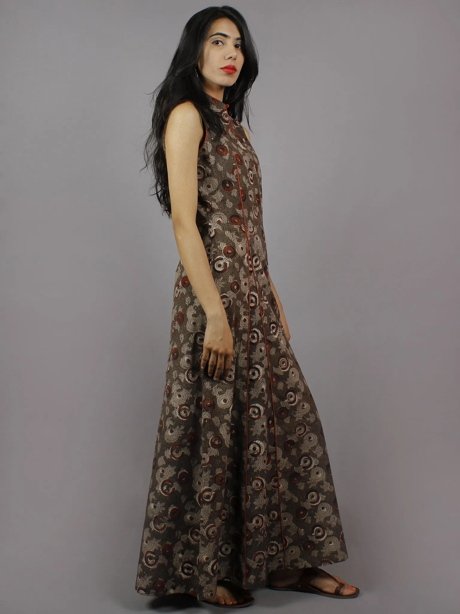 Brown Kashish Rust Hand Block Printed Princess Line Stand Collar Dress - D40F893