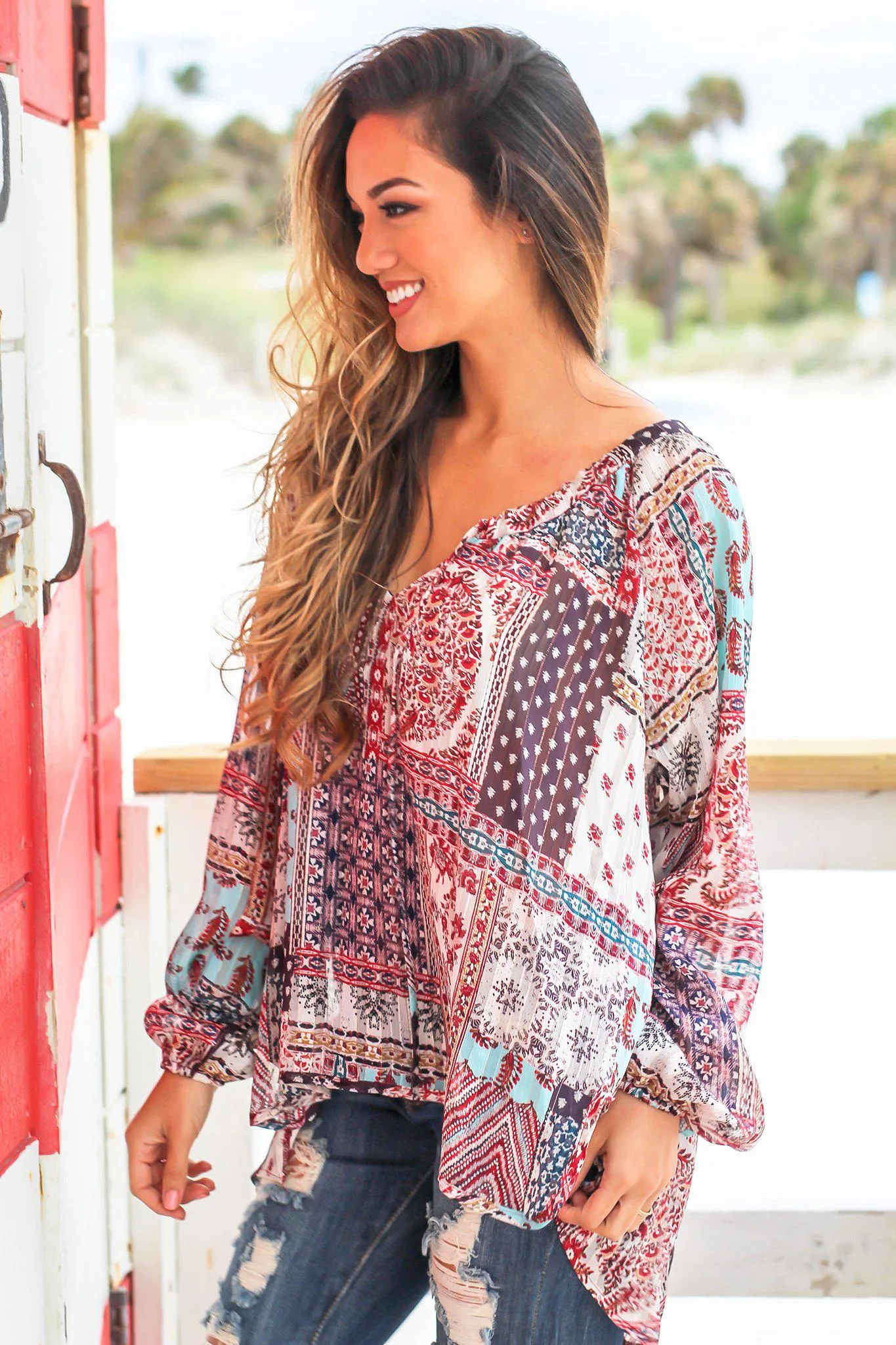 Burgundy Printed Chiffon Top