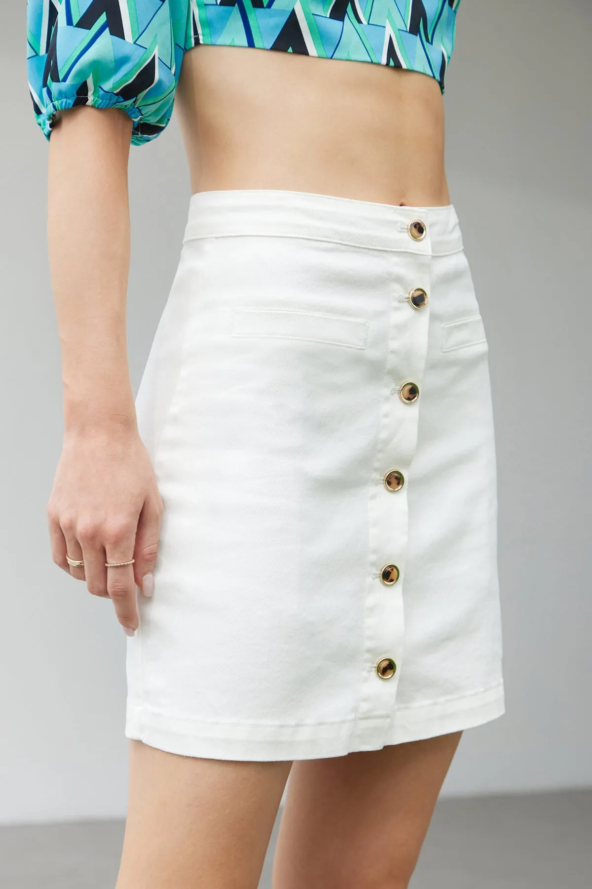 Button High Waist  A line Denim Skirt