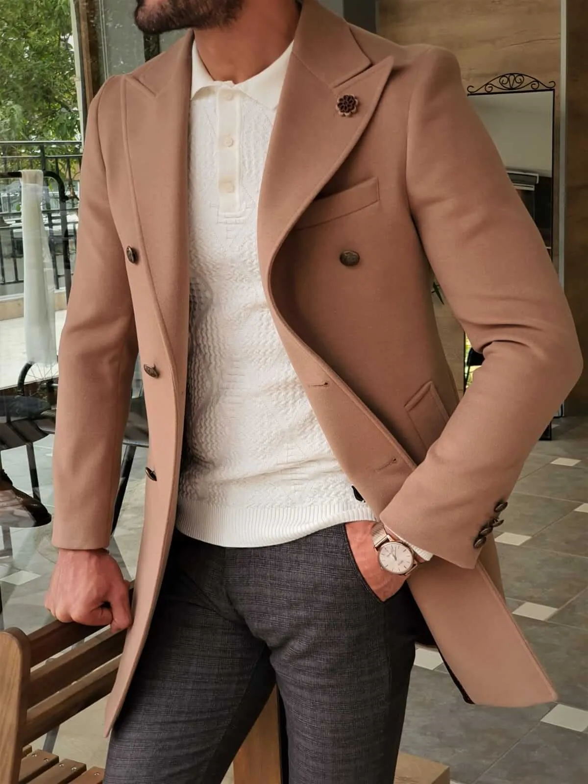 COLDEN DOUBLE BREASTED BEIGE WOOL COAT